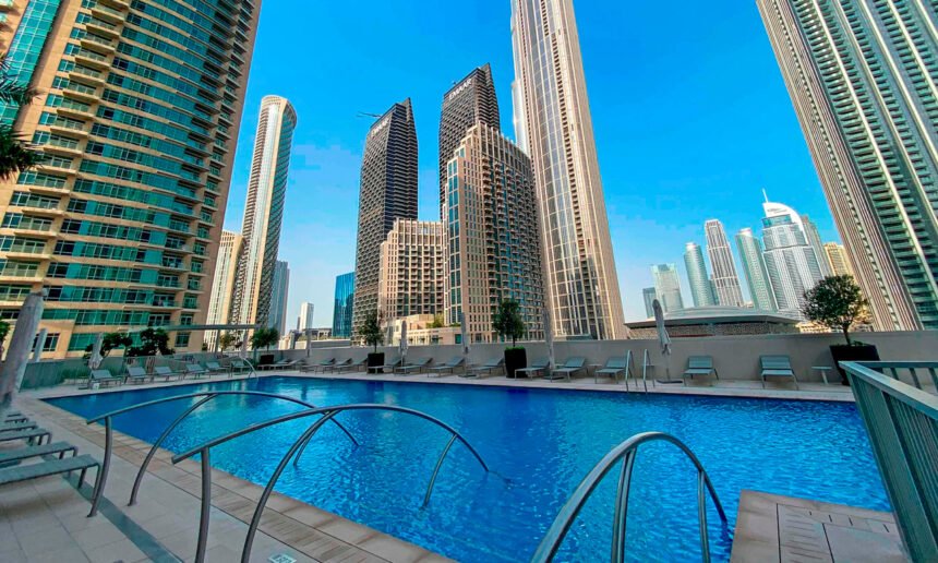 Infinity pool with a lounge area