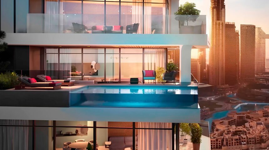 Infinity pool with views of Burj Khalifa
