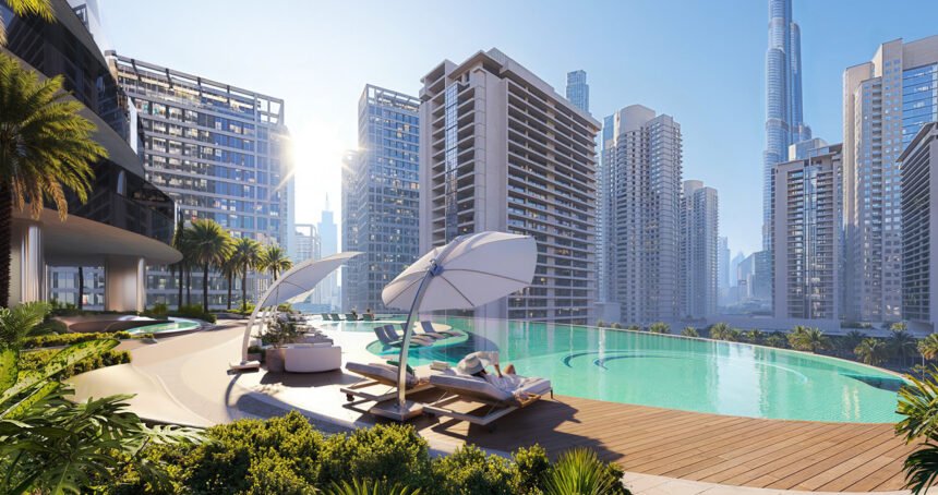 Infinity pool with views of Burj Khalifa