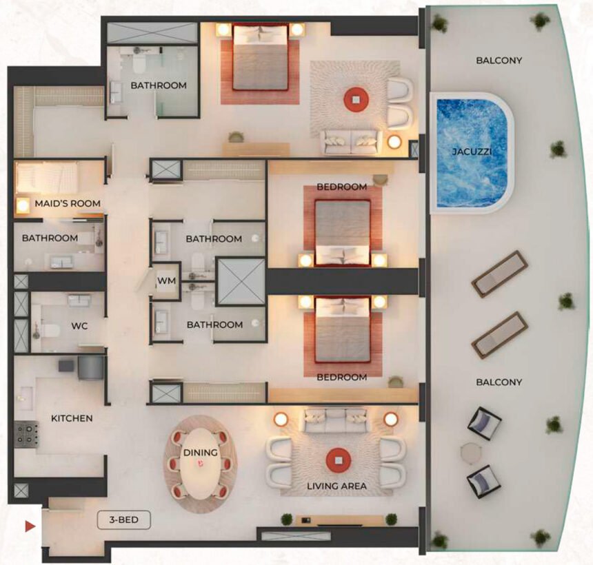 Floor Plans of Binghatti Skyblade - 3 Bedrooms Apartments